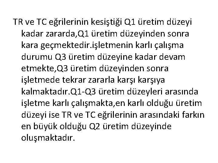 TR ve TC eğrilerinin kesiştiği Q 1 üretim düzeyi kadar zararda, Q 1 üretim