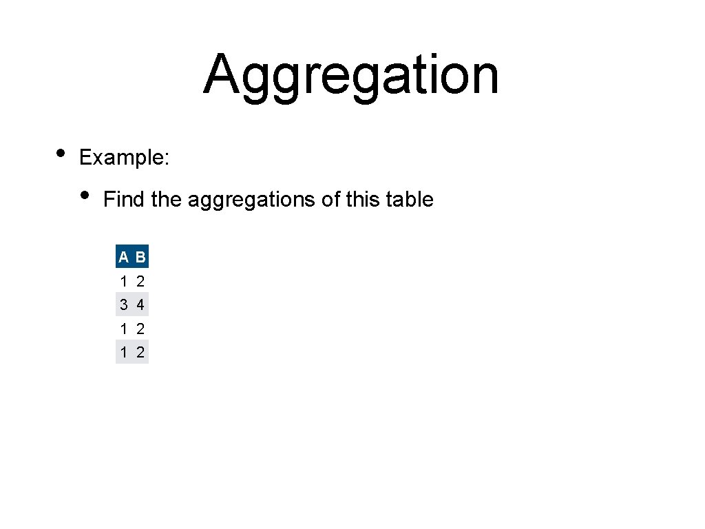Aggregation • Example: • Find the aggregations of this table AB 1 2 3