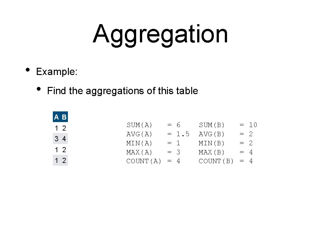 Aggregation • Example: • Find the aggregations of this table AB 1 2 3