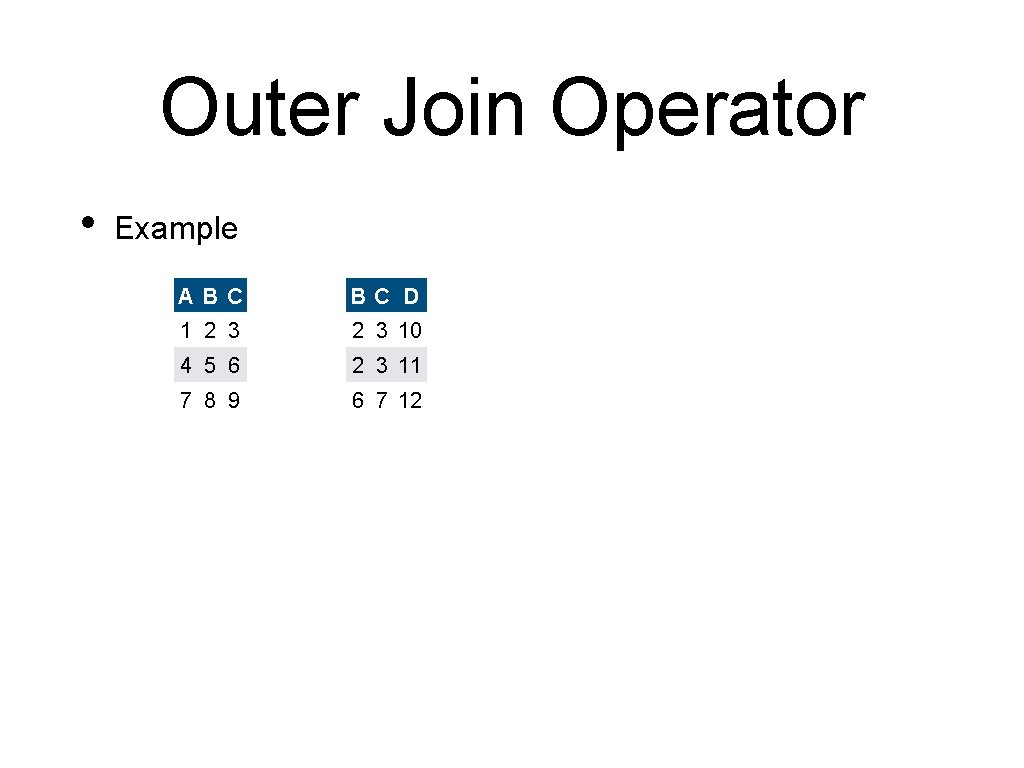 Outer Join Operator • Example ABC BC D 1 2 3 10 4 5