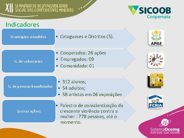 Indicadores Municípios atendidos N. de voluntários N. de pessoas beneficiadas (outras ações) • Cataguases