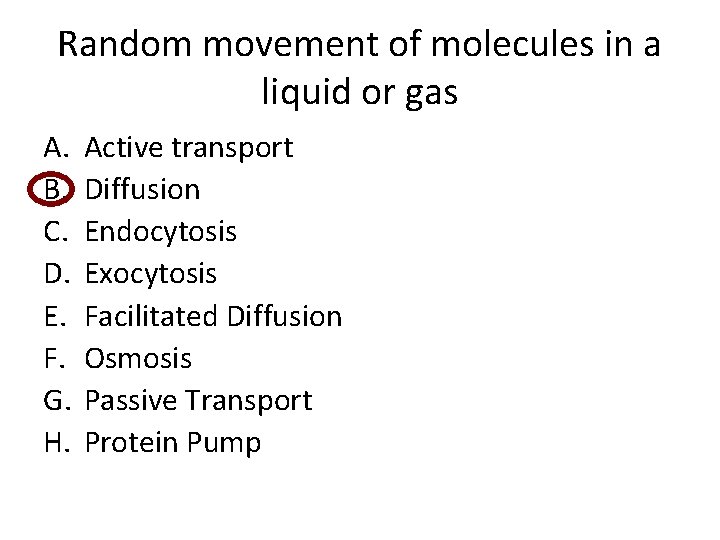 Random movement of molecules in a liquid or gas A. B. C. D. E.