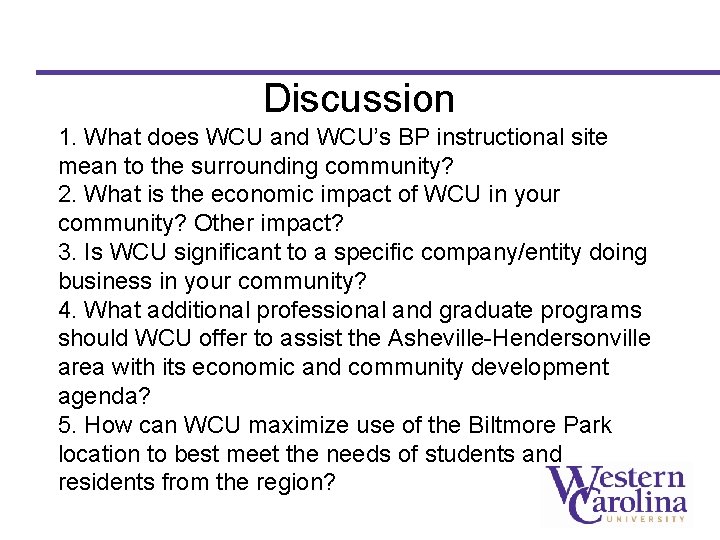 Discussion 1. What does WCU and WCU’s BP instructional site mean to the surrounding