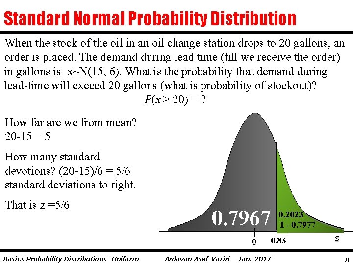 Standard Normal Probability Distribution When the stock of the oil in an oil change