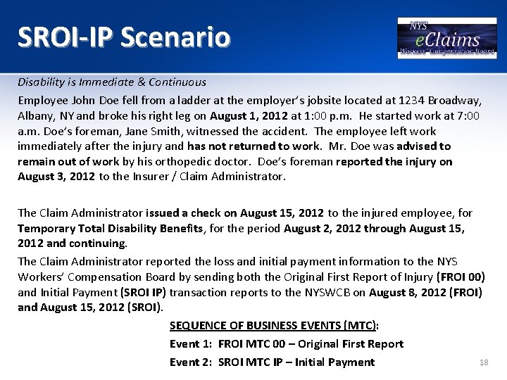 SROI-IP Scenario Disability is Immediate & Continuous Employee John Doe fell from a ladder