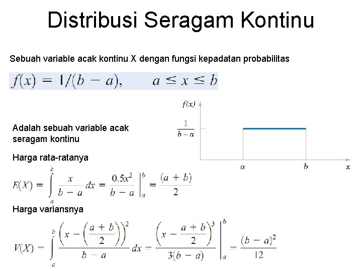 Distribusi Seragam Kontinu Sebuah variable acak kontinu X dengan fungsi kepadatan probabilitas Adalah sebuah