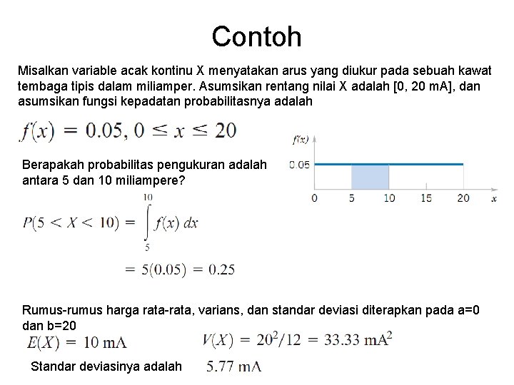 Contoh Misalkan variable acak kontinu X menyatakan arus yang diukur pada sebuah kawat tembaga