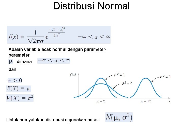 Distribusi Normal Adalah variable acak normal dengan parameter dimana dan Untuk menyatakan distribusi digunakan