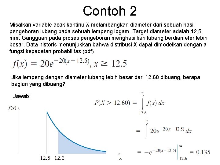 Contoh 2 Misalkan variable acak kontinu X melambangkan diameter dari sebuah hasil pengeboran lubang