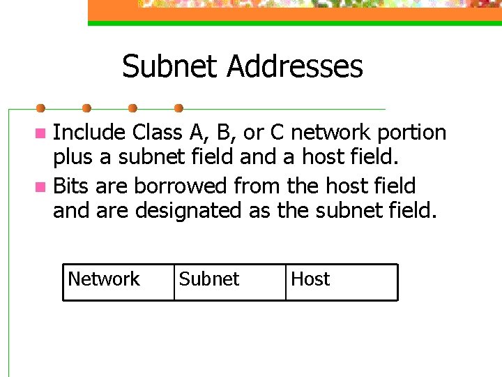 Subnet Addresses Include Class A, B, or C network portion plus a subnet field