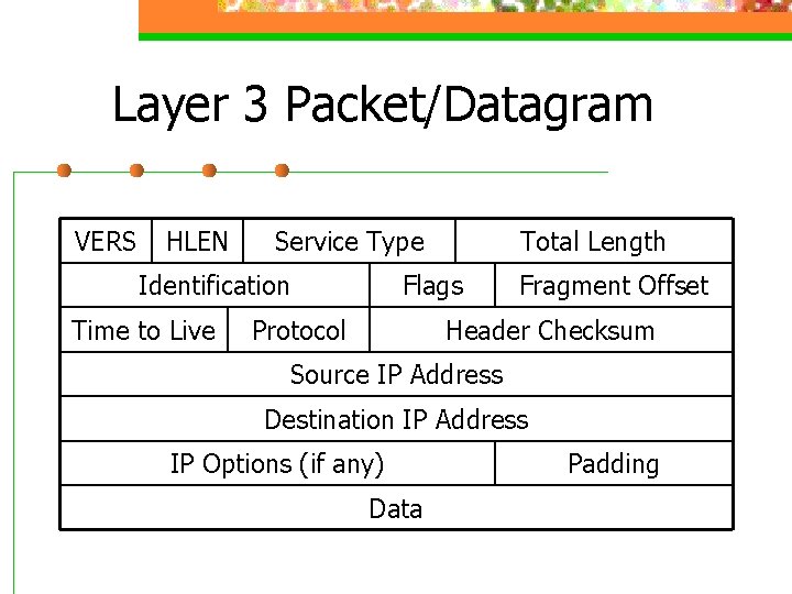 Layer 3 Packet/Datagram VERS HLEN Service Type Identification Time to Live Total Length Flags