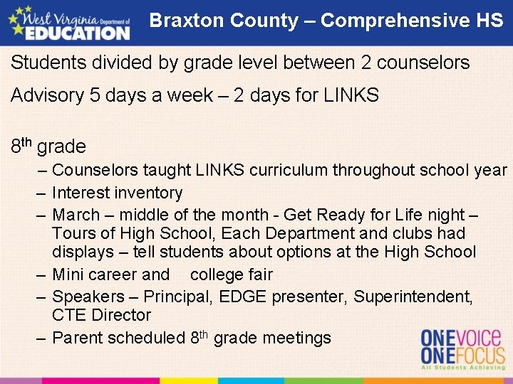 Braxton County – Comprehensive HS Students divided by grade level between 2 counselors Advisory
