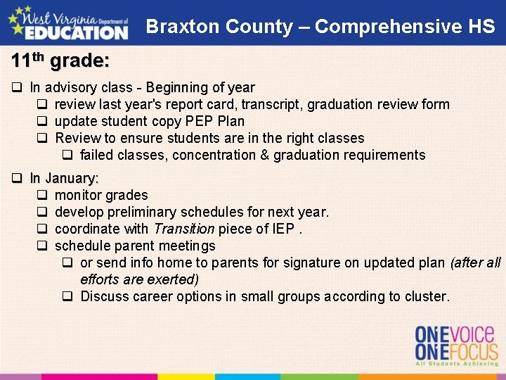 Braxton County – Comprehensive HS 11 th grade: q In advisory class - Beginning