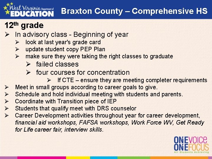 Braxton County – Comprehensive HS 12 th grade Ø In advisory class - Beginning