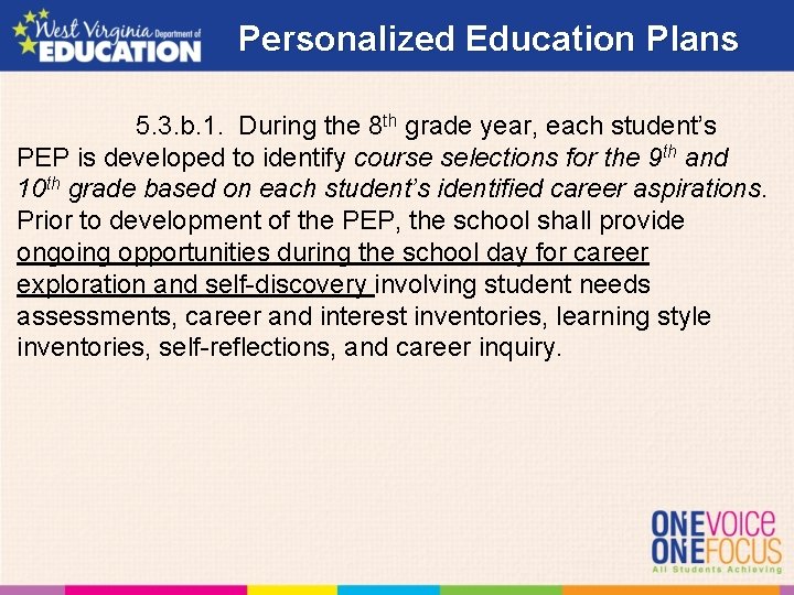 Personalized Education Plans 5. 3. b. 1. During the 8 th grade year, each