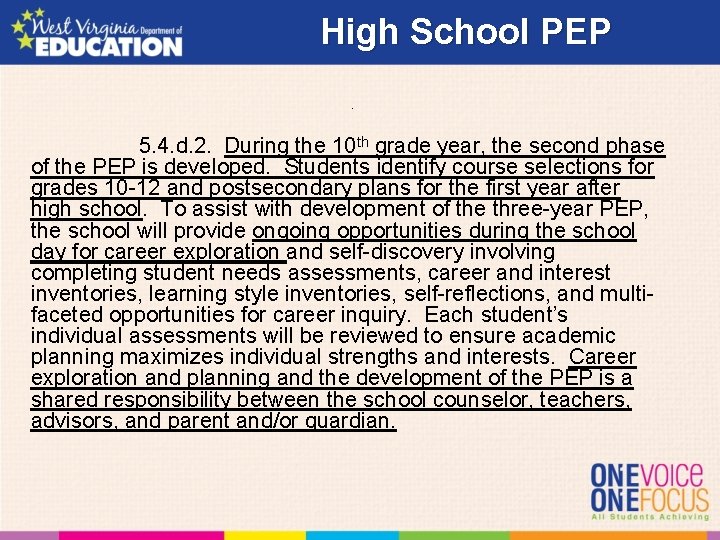 High School PEP. 5. 4. d. 2. During the 10 th grade year, the