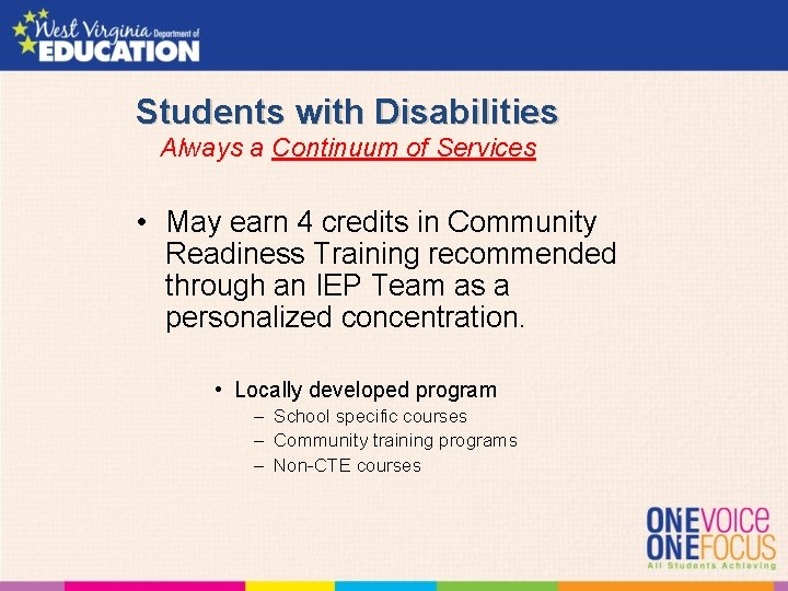 Students with Disabilities Always a Continuum of Services • May earn 4 credits in
