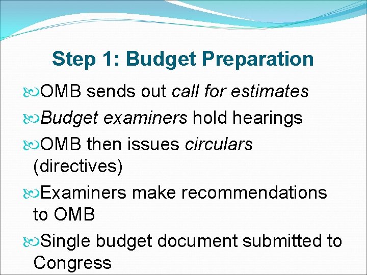 Step 1: Budget Preparation OMB sends out call for estimates Budget examiners hold hearings