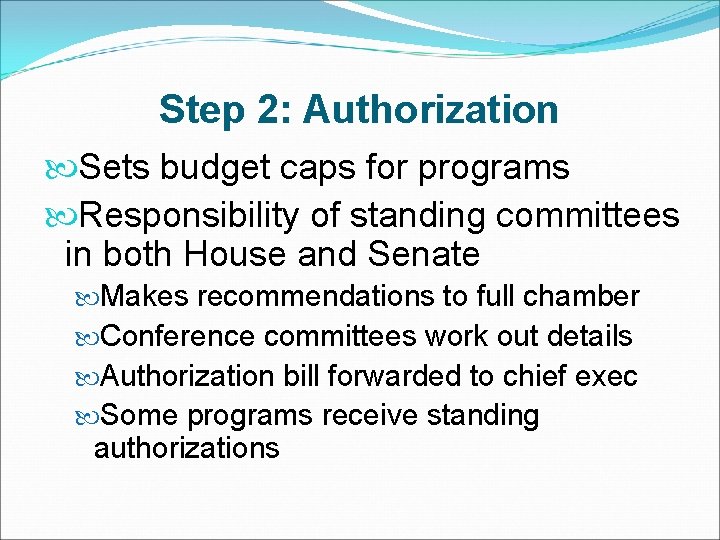 Step 2: Authorization Sets budget caps for programs Responsibility of standing committees in both