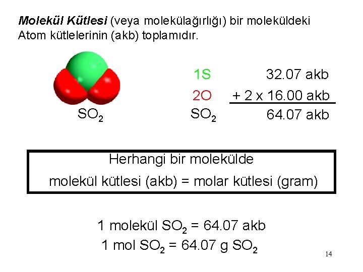 Molekül Kütlesi (veya molekülağırlığı) bir moleküldeki Atom kütlelerinin (akb) toplamıdır. 1 S SO 2