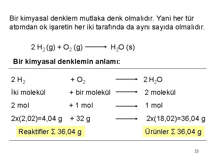 Bir kimyasal denklem mutlaka denk olmalıdır. Yani her tür atomdan ok işaretin her iki