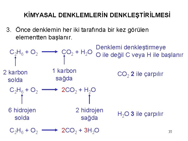 KİMYASAL DENKLEMLERİN DENKLEŞTİRİLMESİ 3. Önce denklemin her iki tarafında bir kez görülen elementten başlanır.