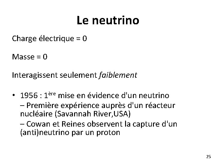 Le neutrino Charge électrique = 0 Masse = 0 Interagissent seulement faiblement • 1956