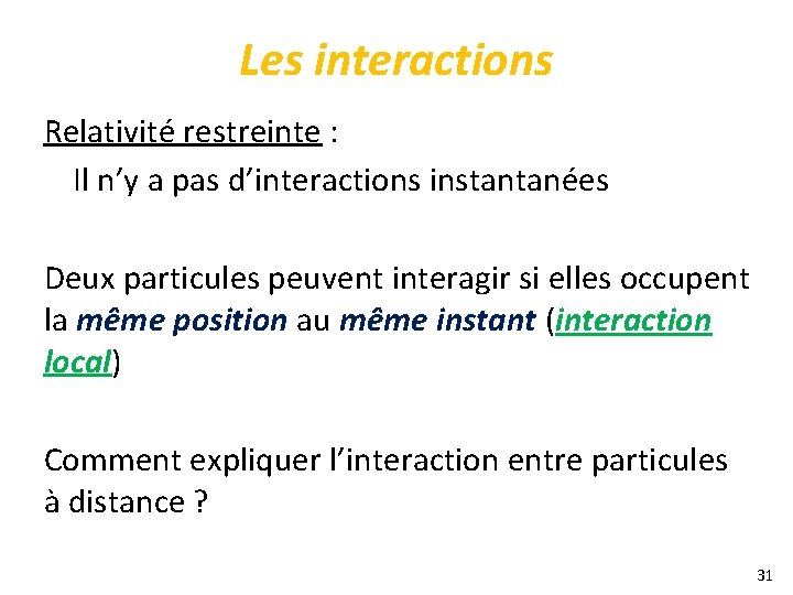 Les interactions Relativité restreinte : Il n’y a pas d’interactions instantanées Deux particules peuvent