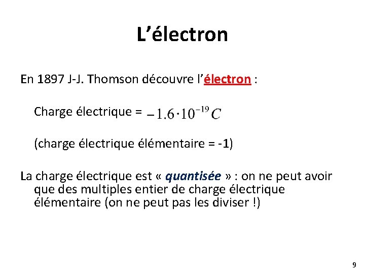 L’électron En 1897 J-J. Thomson découvre l’électron : Charge électrique = (charge électrique élémentaire