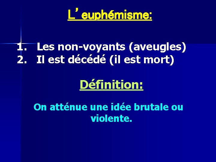 L’euphémisme: 1. 2. Les non-voyants (aveugles) Il est décédé (il est mort) Définition: On