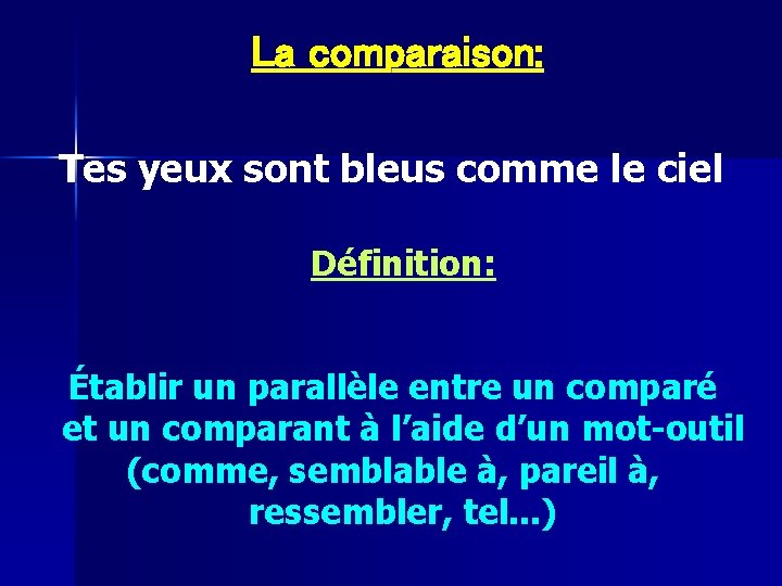 La comparaison: Tes yeux sont bleus comme le ciel Définition: Établir un parallèle entre