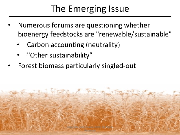 The Emerging Issue • Numerous forums are questioning whether bioenergy feedstocks are "renewable/sustainable" •