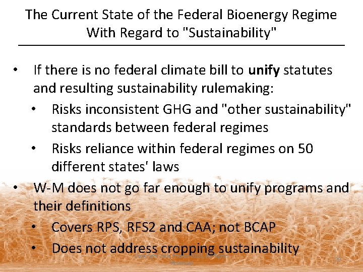 The Current State of the Federal Bioenergy Regime With Regard to "Sustainability" • If