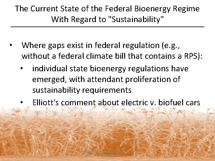 The Current State of the Federal Bioenergy Regime With Regard to "Sustainability" • Where