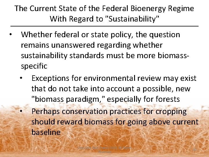 The Current State of the Federal Bioenergy Regime With Regard to "Sustainability" • Whether