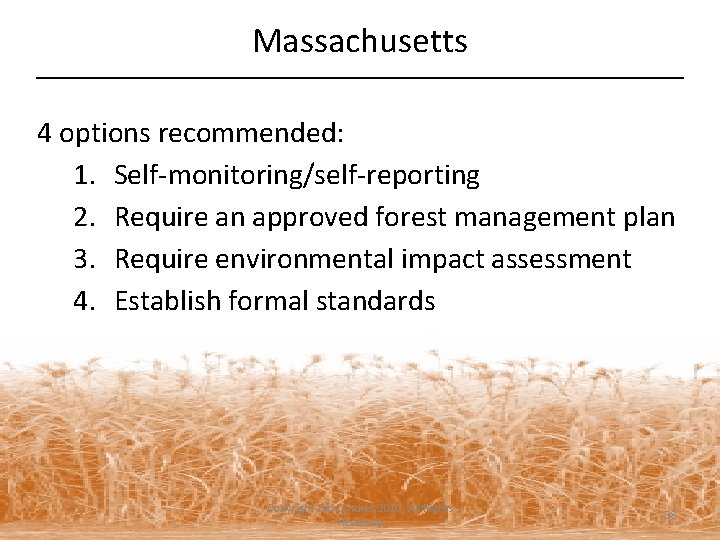 Massachusetts 4 options recommended: 1. Self-monitoring/self-reporting 2. Require an approved forest management plan 3.