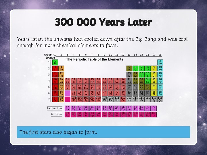 300 000 Years Later Years later, the universe had cooled down after the Big