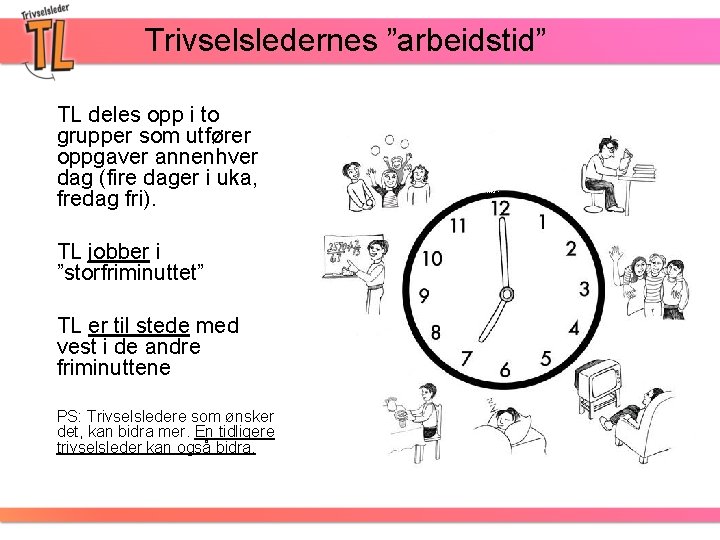 Trivselsledernes ”arbeidstid” TL deles opp i to grupper som utfører oppgaver annenhver dag (fire