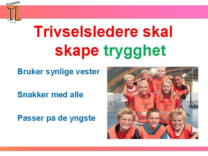 Trivselsledere skal skape trygghet Bruker synlige vester Snakker med alle Passer på de yngste