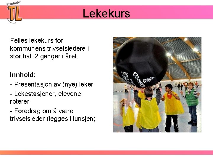 Lekekurs Felles lekekurs for kommunens trivselsledere i stor hall 2 ganger i året. Innhold: