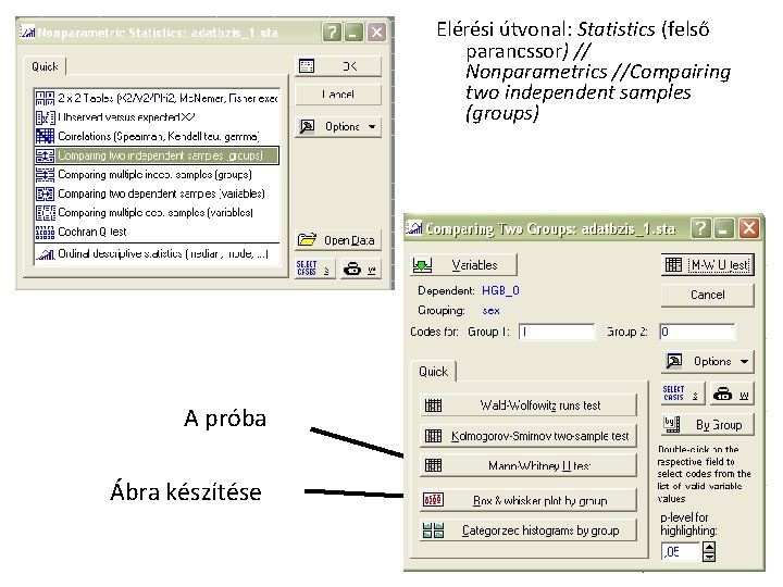 Elérési útvonal: Statistics (felső parancssor) // Nonparametrics //Compairing two independent samples (groups) A próba