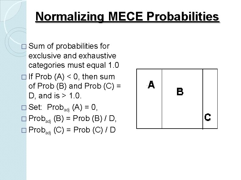 Normalizing MECE Probabilities � Sum of probabilities for exclusive and exhaustive categories must equal