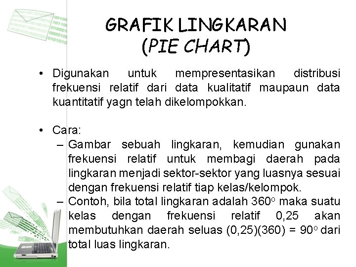 GRAFIK LINGKARAN (PIE CHART) • Digunakan untuk mempresentasikan distribusi frekuensi relatif dari data kualitatif