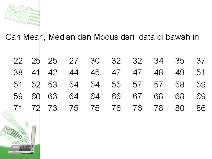 Cari Mean, Median dan Modus dari data di bawah ini: 22 38 51 59