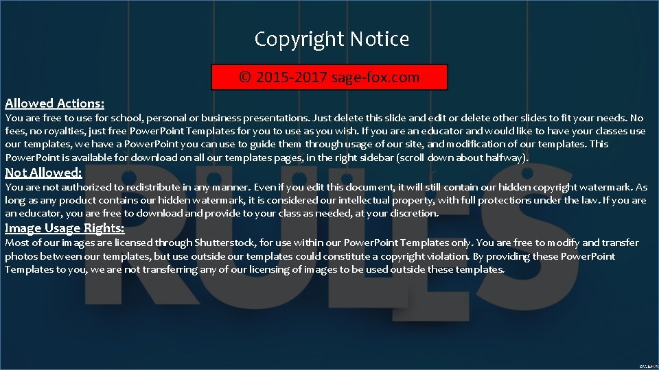 Copyright Notice © 2015 -2017 sage-fox. com Allowed Actions: You are free to use