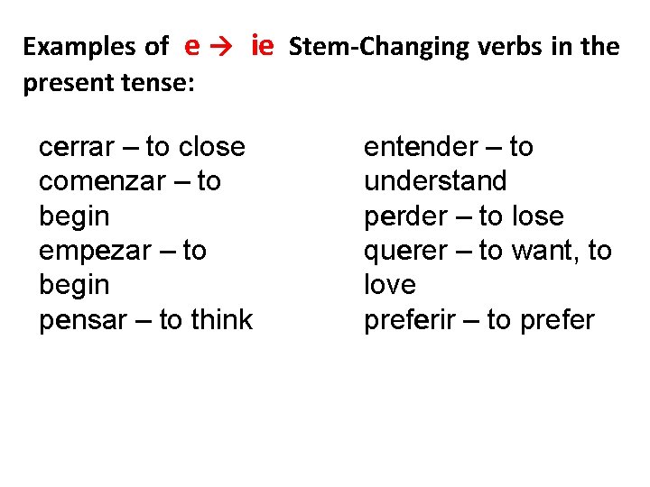 Examples of e ie Stem-Changing verbs in the present tense: cerrar – to close