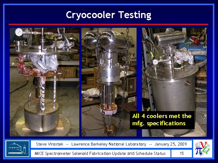 Cryocooler Testing All 4 coolers met the mfg. specifications Steve Virostek -- Lawrence Berkeley