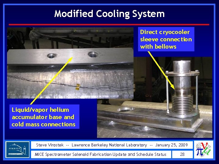 Modified Cooling System Direct cryocooler sleeve connection with bellows Liquid/vapor helium accumulator base and