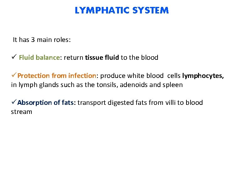 LYMPHATIC SYSTEM It has 3 main roles: ü Fluid balance: return tissue fluid to