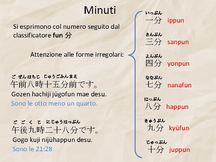 Minuti Si esprimono col numero seguito dal classificatore fun 分 Attenzione alle forme irregolari: